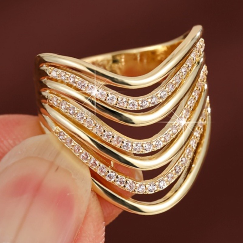 Women's Multi-Layer V-Shaped Synthetic Zirconia Wide Ring, Luxury